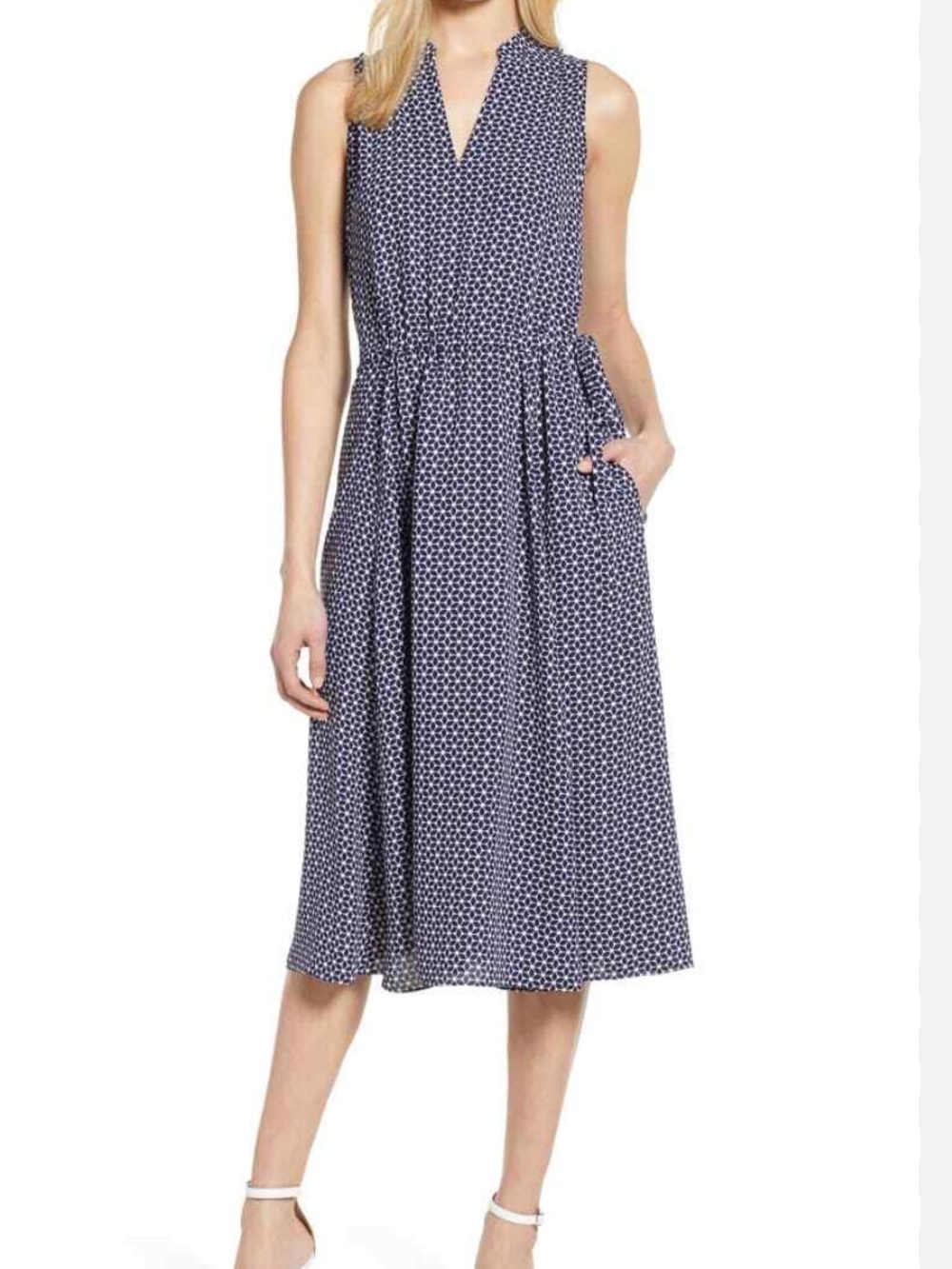 Anne Klein Abbess V-Neck Drawstring Waist Black & White Print Midi Dress 14